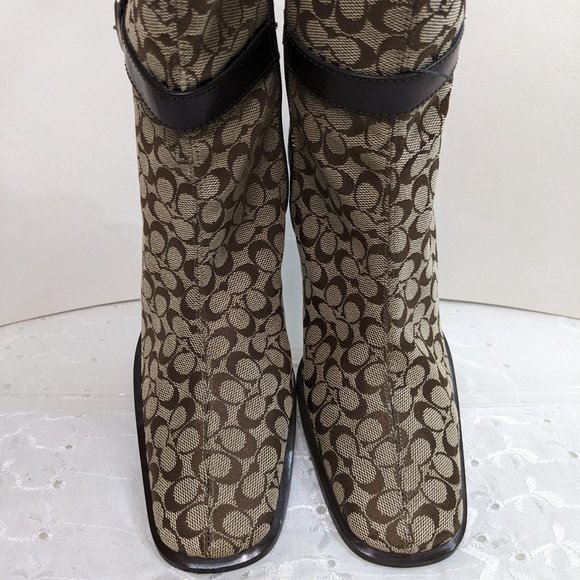 Coach Khaki & Brown Jacquard Signature Logo Bibi Mid Calf Boots - size 5.5M NWT
